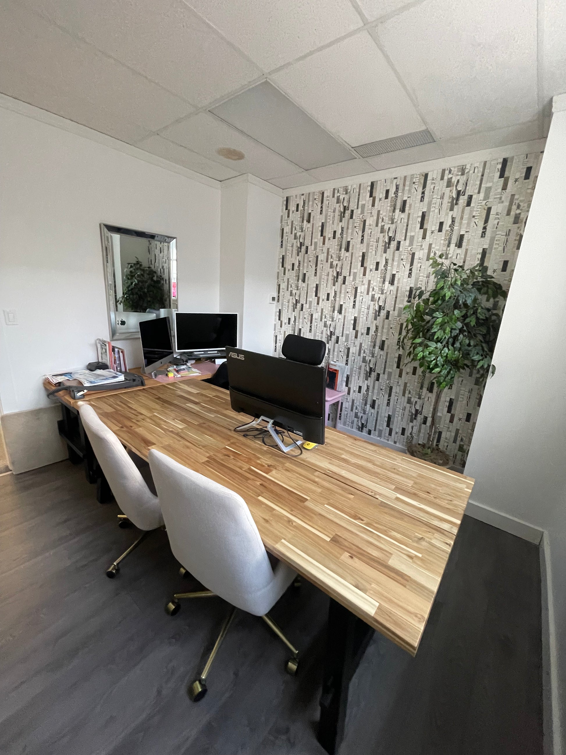 A picture of along desk in an office that has two chairs on one side for visitorsand a chair on the other side with a computer screen facing that chair and then another computer screen to the left of that and a patterned wallpaper on teh wall with a hanging plant and laminate floors all freshly cleaned.